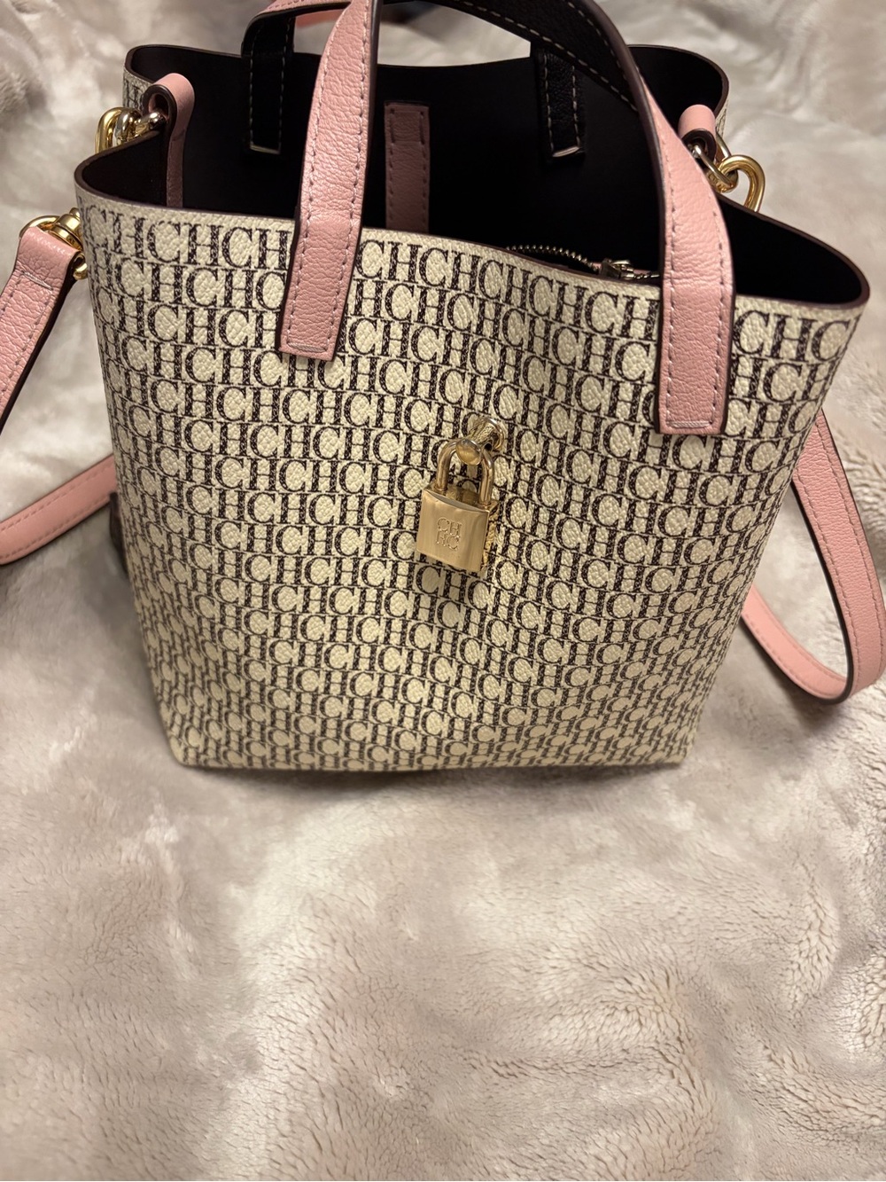 Carolina Herrera Monogram Tote with Pink Leather Trim and Gold Lock
